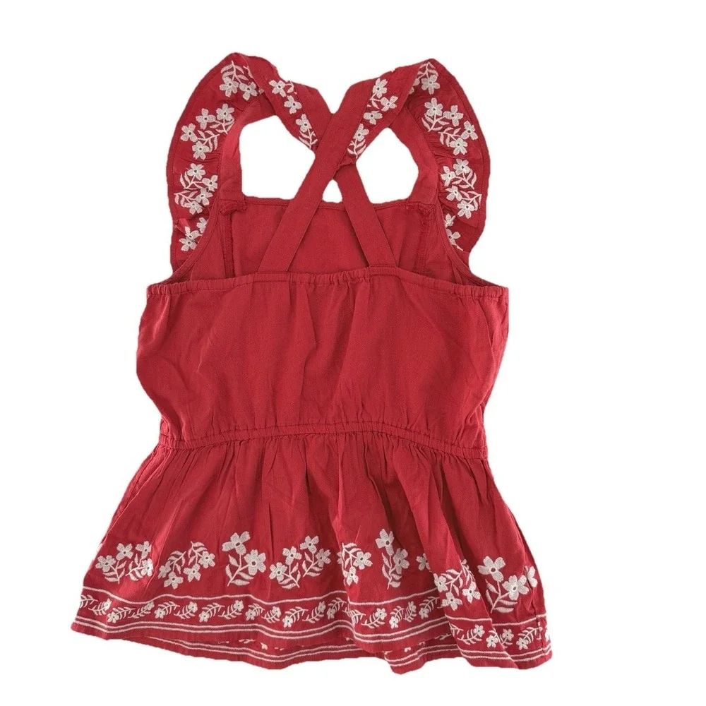 Old Navy Girls Sleeveless Red Embroidered‎ Ruffled Apron Style Top XL Cottage